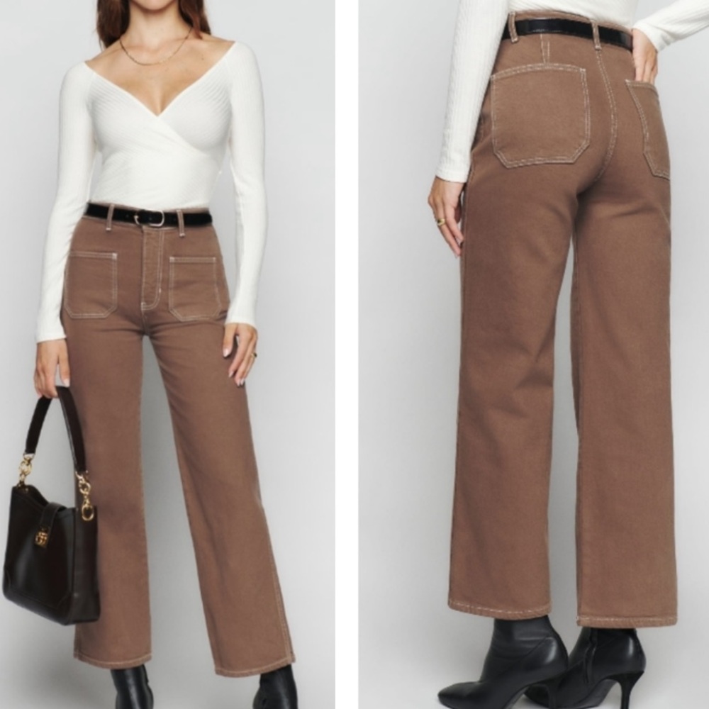 Reformation Alyssa Jeans In Shiitake/Brown High-Waisted Contrast Stitch SZ 25